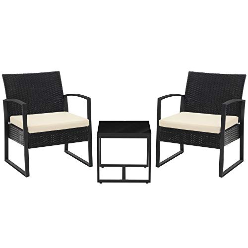 SONGMICS 3Piece Patio Set Outdoor Patio Furniture Sets PE Rattan Outdoor Seating for Bistro Front Porch Balcony Easy to Assemble 2 Chairs and 1 Table Black and Beige UGGF010M01